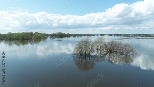 Bird's-eye view of the flood of the Staritsa River near the village of Agro-Pustyn in spring