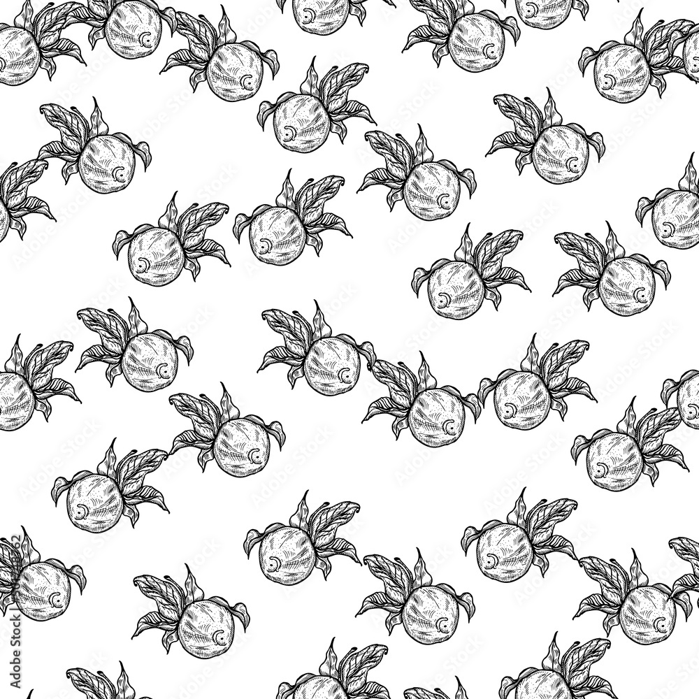 Fototapeta premium Seamless pattern engraved lemon on twig with leaves. Vintage background citrus fruit on branch in hand drawn style.