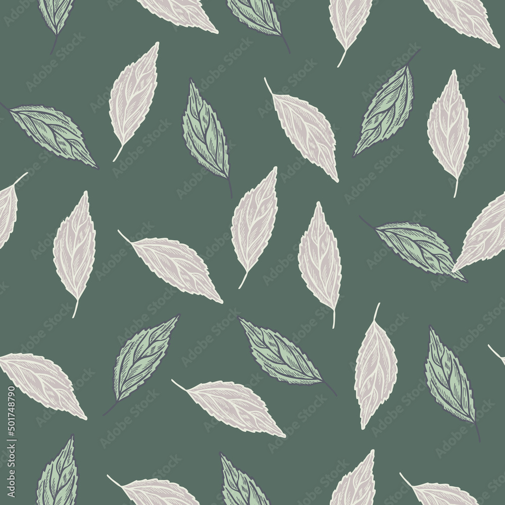 Seamless pattern engraved tree leaves. Vintage background botanical with foliage in hand drawn style.