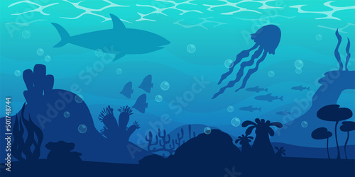 Sea bottom landscape, blue vector ocean background