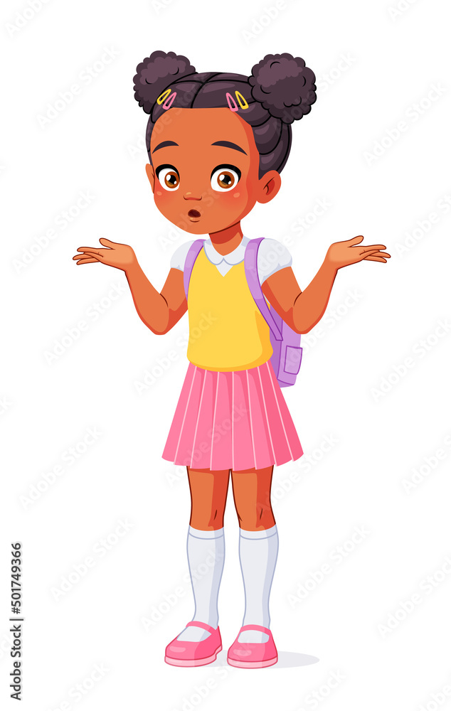 Confused African American girl shrugging shoulders. Cartoon vector  illustration. Stock Vector | Adobe Stock