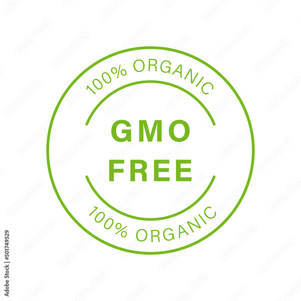 No GMO Logo. Bio Eco Ingredients for Vegan Symbol. Vegetarian Healthy Food Sticker. Organic Nature Badge. Non GMO Green Line Stamp. Free Genetically Modified Product Label. Vector Illustration - obrazy, fototapety, plakaty 