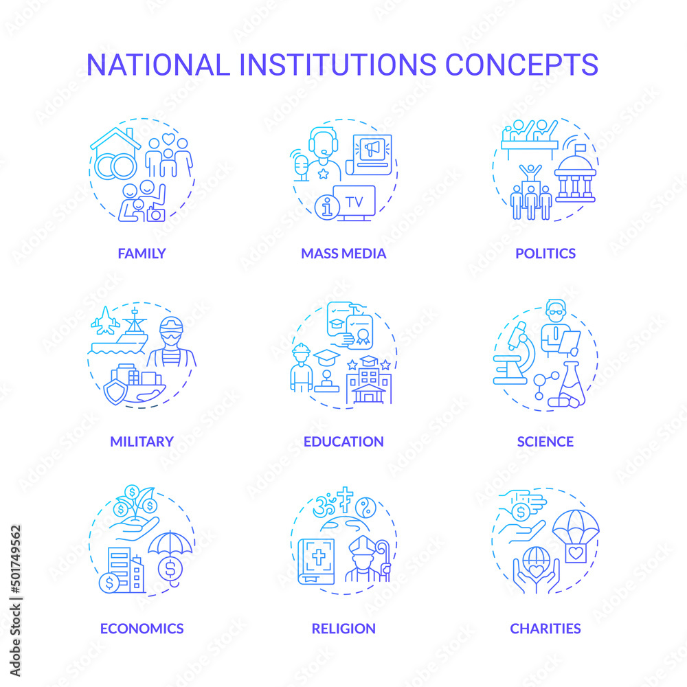 Social institutions blue gradient concept icons set. Norms and values. Social organizations idea thin line color illustrations. Isolated symbols. Roboto-Medium, Myriad Pro-Bold fonts used