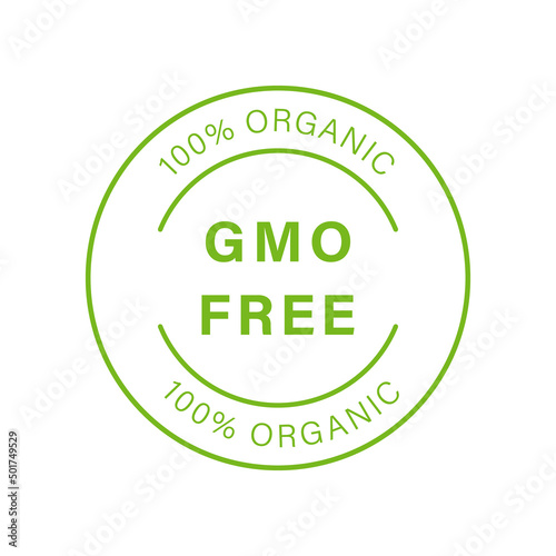 No GMO Logo. Bio Eco Ingredients for Vegan Symbol. Vegetarian Healthy Food Sticker. Organic Nature Badge. Non GMO Green Line Stamp. Free Genetically Modified Product Label. Vector Illustration