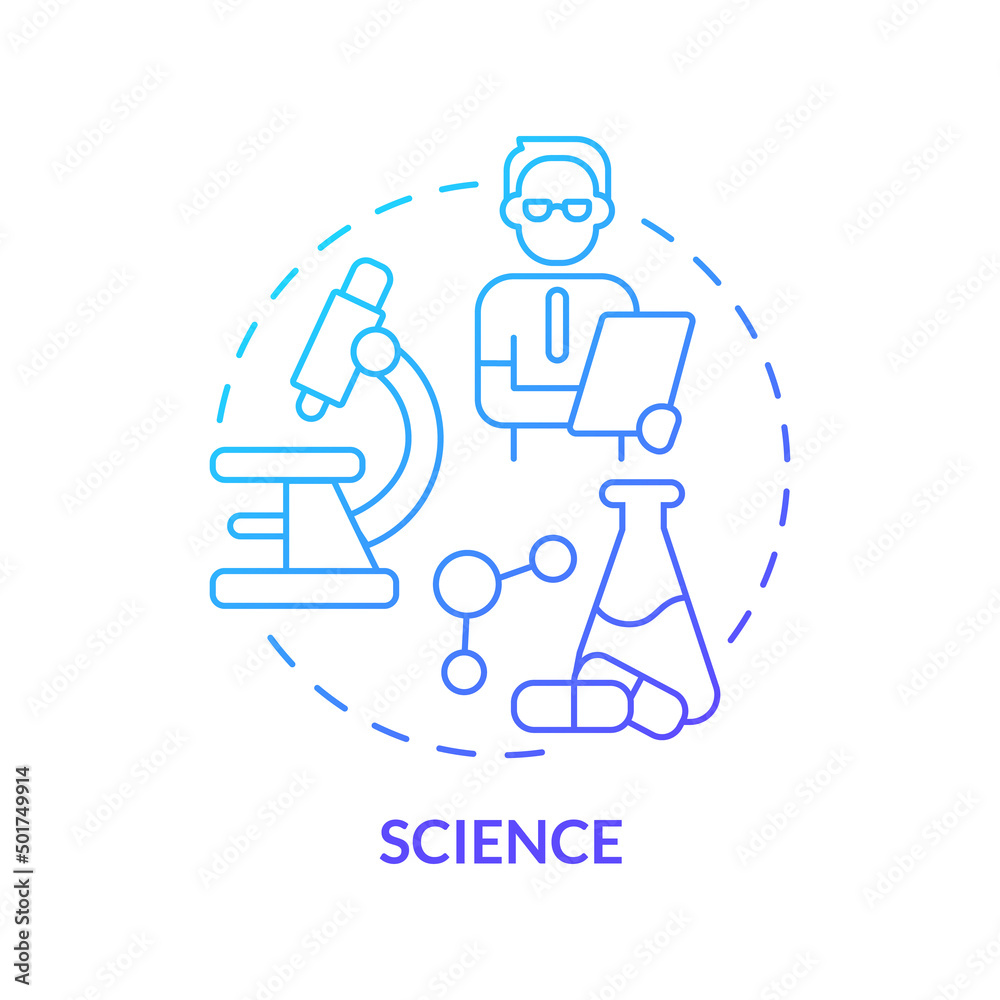 Science blue gradient concept icon. Knowledge explanations and predictions. Social institution abstract idea thin line illustration. Isolated outline drawing. Myriad Pro-Bold font used Science blue gradient concept icon. Knowledge explanations and predictions. Social institution abstract idea thin line illustration. Isolated outline drawing. Myriad Pro-Bold font used