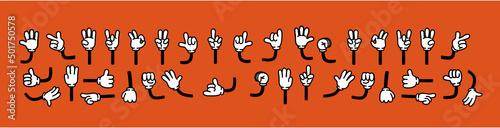 Vintage cartoon hands in gloves. Cute animation character body parts. Comics arm gestures and vector set.