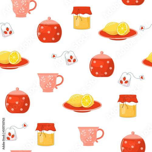 Tea time cute set. Cups, jam, honey, sugar, lemons, tea bag. Hot drinks. Home comfort. Cozy collection. Vector cartoon illustration isolated on the white background.