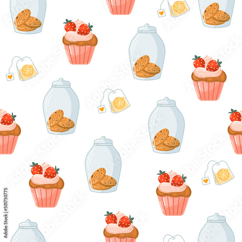 Tea time cute set. Cupcakes with strawberries, cookies, tea bag. Hot drinks. Home comfort. Cozy collection. Vector cartoon illustration isolated on the white background.
