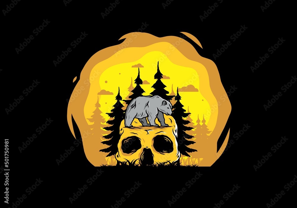 Big bear walking on skull head illustration