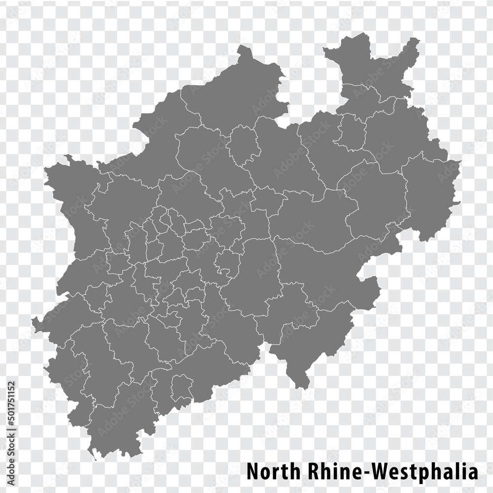 Map Free State of North Rhine-Westphalia on transparent background. North Rhine-Westphalia map with  districts  in gray for your web site design, logo, app, UI. Land of Germany. EPS10. - obrazy, fototapety, plakaty 