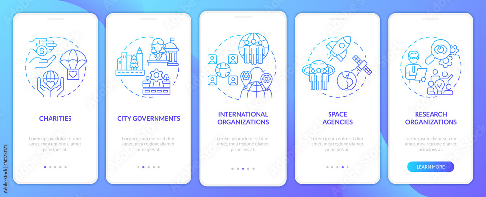 Institutions examples blue gradient onboarding mobile app screen. Walkthrough 5 steps graphic instructions pages with linear concepts. UI, UX, GUI template. Myriad Pro-Bold, Regular fonts used