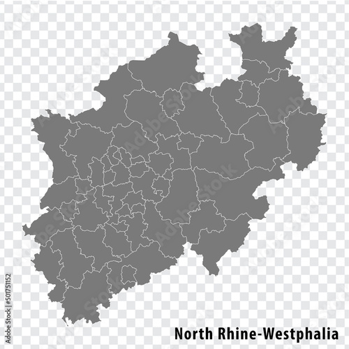 Map Free State of North Rhine-Westphalia on transparent background. North Rhine-Westphalia map with districts in gray for your web site design, logo, app, UI. Land of Germany. EPS10.