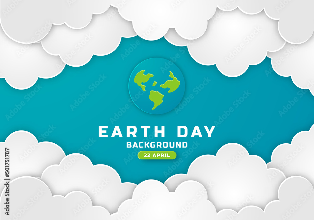 Earth Day Poster Banner with Paper Cut Clouds in Blue Sky Background with Green Leaves, Butterfly and Globe Vector. Place for Text Earth Day Poster Banner with Paper Cut Clouds in Blue Sky Background with Green Leaves, Butterfly and Globe Vector. Place for Text