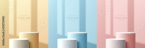 Set of pink, yellow, blue and white realistic 3d cylinder stand podium with window shadow overlay. Vector abstract room with geometric forms. Minimal scene for products showcase, Promotion display.