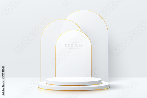 Realistic white and gold cylinder pedestal podium with geometric arch shape scene. Vector abstract room with 3D geometric forms. Luxury minimal scene for mockup products showcase, Promotion display.