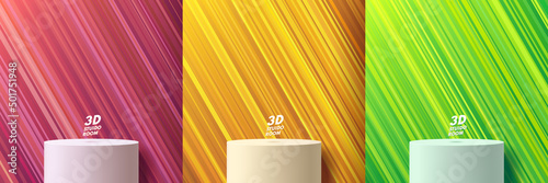 Set of white realistic 3d cylinder stand podium with diagonal stripe line in yellow, green and pink color. Vector abstract geometric forms. Minimal scene for mockup product showcase, Promotion display