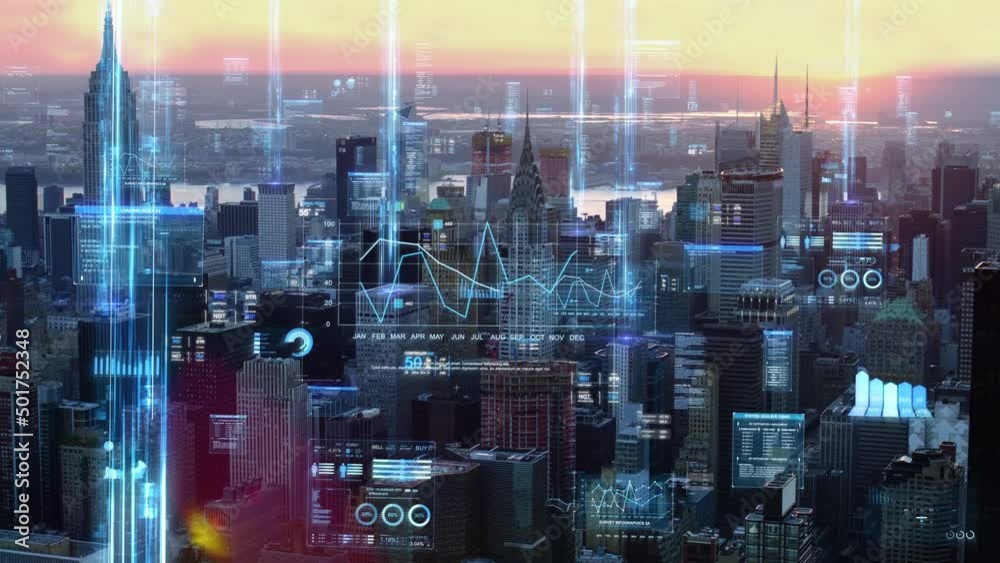 Aerial Futuristic Panoramic Skyline Of Manhattan with Financial information, Networks,  Charts, Holographic Technology, 5G. Internet of Things Augmented Reality.  New York City, United States.