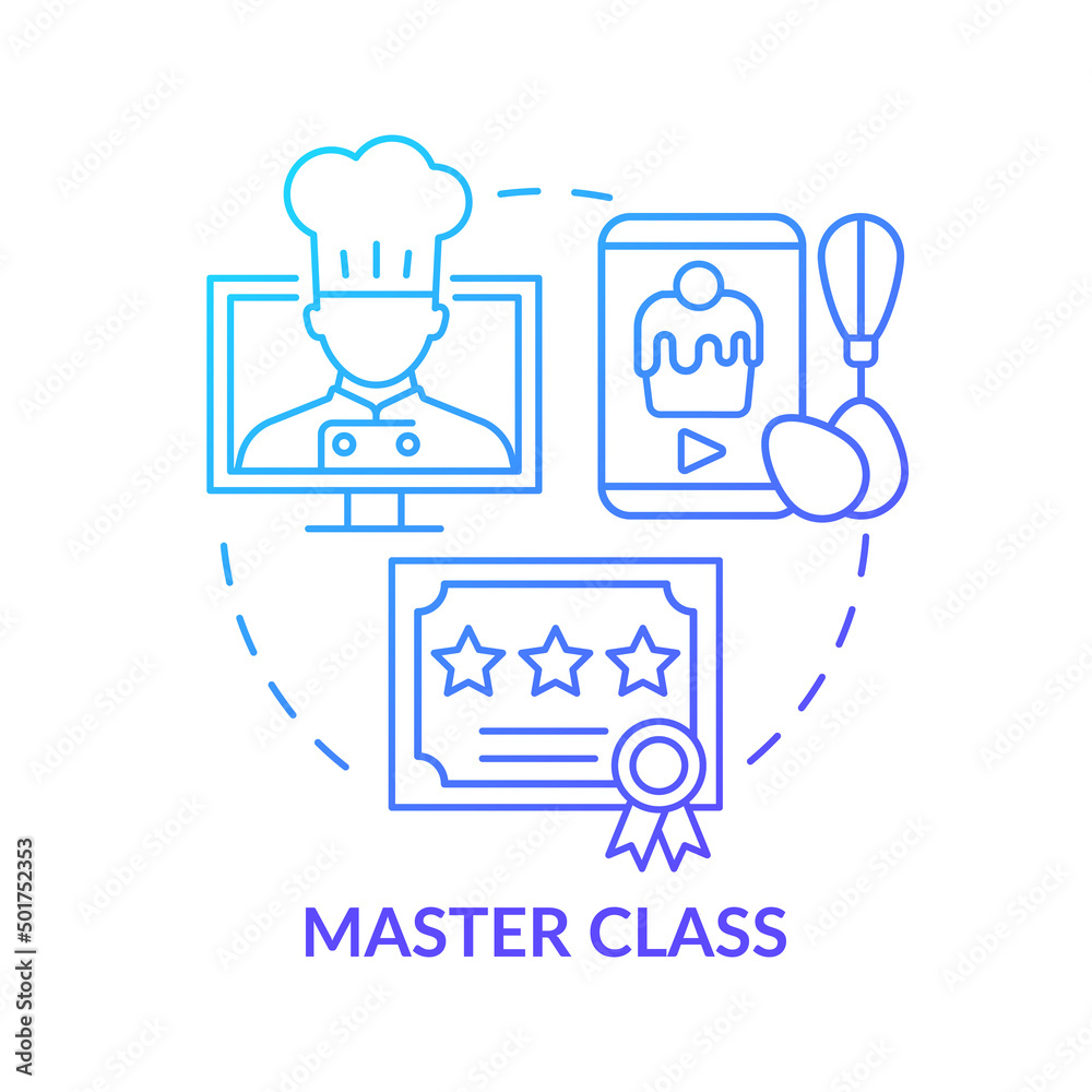 Master class blue gradient concept icon. Internet courses for students. Online education trend abstract idea thin line illustration. Isolated outline drawing. Myriad Pro-Bold font use Master class blue gradient concept icon. Internet courses for students. Online education trend abstract idea thin line illustration. Isolated outline drawing. Myriad Pro-Bold font use