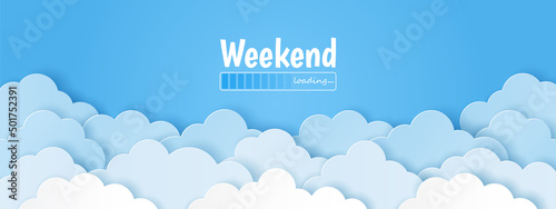 Paper cut of weekend loading text on blue sky background. Vector illustration