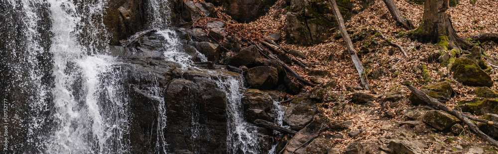 Mountain river near stones and dry leaves in forest, banner.