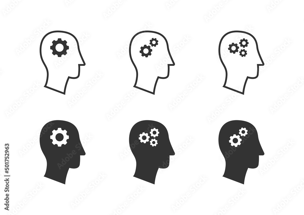 Gear in head icon set. Human head with cogwheels inside. Man head mind thinking. Vector illustration. Gear in head icon set. Human head with cogwheels inside. Man head mind thinking. Vector illustration.