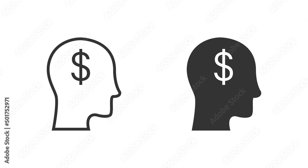 Dollar symbol in the head. Man thinking money icon. Vector illustration. Dollar symbol in the head. Man thinking money icon. Vector illustration.