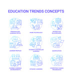 Education trends blue gradient concept icons set. Innovations in learning process idea thin line color illustrations. Isolated symbols. Editable stroke. Roboto-Medium, Myriad Pro-Bold fonts used