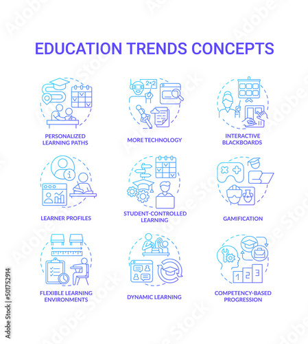 Education trends blue gradient concept icons set. Innovations in learning process idea thin line color illustrations. Isolated symbols. Editable stroke. Roboto-Medium, Myriad Pro-Bold fonts used © bsd studio