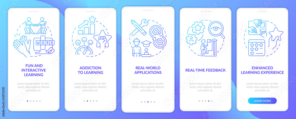 Benefits of gamification blue gradient onboarding mobile app screen. Walkthrough 5 steps graphic instructions pages with linear concepts. UI, UX, GUI template. Myriad Pro-Bold, Regular fonts used Benefits of gamification blue gradient onboarding mobile app screen. Walkthrough 5 steps graphic instructions pages with linear concepts. UI, UX, GUI template. Myriad Pro-Bold, Regular fonts used