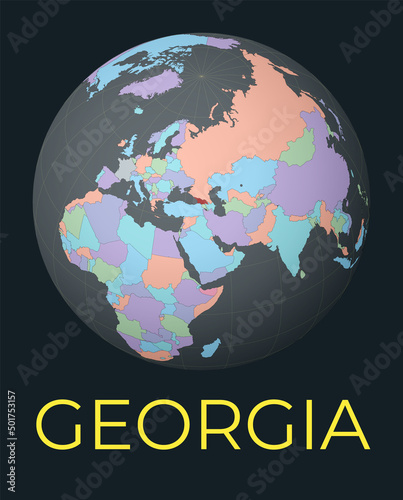 World map centered to Georgia. Red country highlighted. Satellite world view centered to country with name. Vector Illustration.