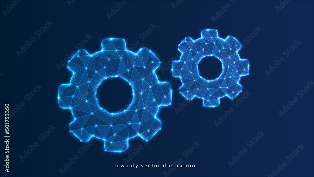 Abstract vector 3d gear wheels in dark background. Cogs and gear wheel mechanisms concept. Digital polygonal blue mesh with dots, lines and shapes. Mechanical technology machine engineering wireframe
