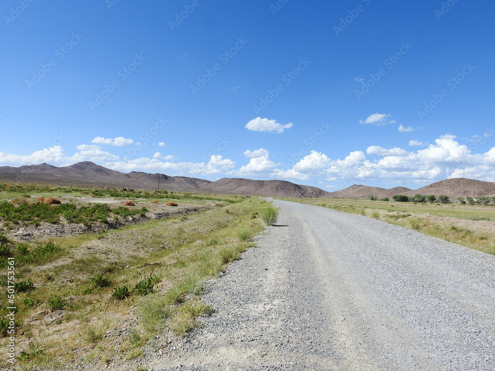 Dirt road on the outskirts of the small desert town of Beatty, in Nye County, Nevada.