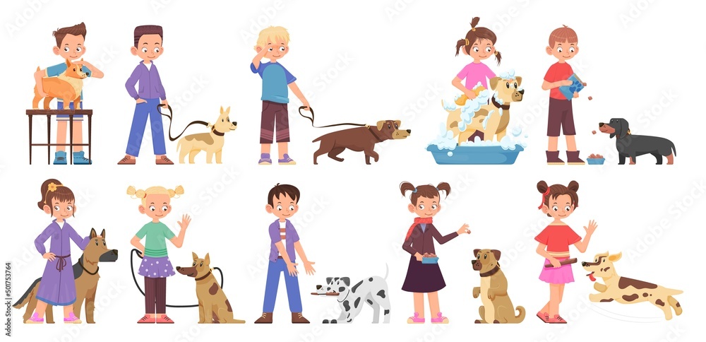 Children - boys and girls play, train with dogs cartoon style.