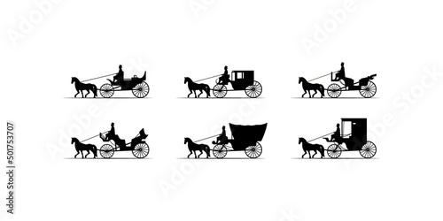 Stampa su tela Set of vector horse drawn carriage old style silhouette