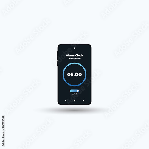 Smartphone with alarm clock app interface vector template. Mobile wake up application page design layout with on and off options screen.