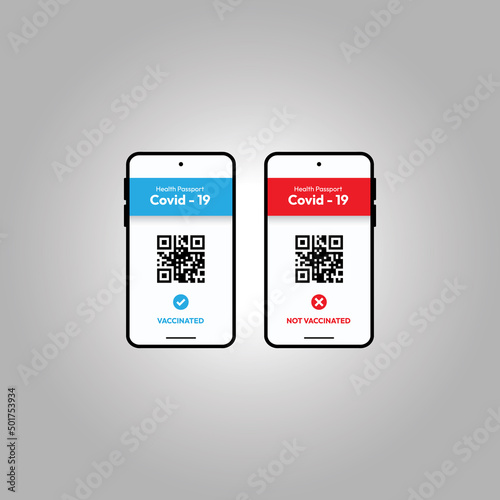 Vaccine covid-19 passport certificate in smartphone. Health passport and certificate of vaccine, confirmation of immunity from virus with qr code vector template design