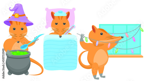 Set Abstract Collection Flat Cartoon Different Animal Rufous Elephant Hangs Garlands On The Window, Brewing A Potion In A Vat, Sick With A Thermometer Vector Design Elements Fauna Wildlife photo