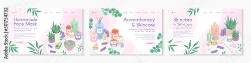 Web page design templates for aromatherapy treatment,skin care tutorial,spa,wellness,massage,cosmetics,self care.Vector illustrations concept for website,mobile website.Landing page layouts.