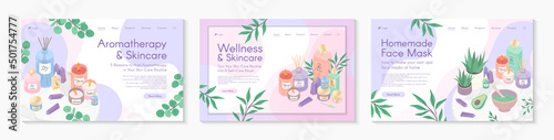 Web page design templates for skin care treatment,homemade facial mask tutorial,spa,wellness,natural products,self care.Vector illustration concepts for website,mobile website.Landing page layouts.