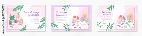 Web page design templates for skin care treatment,face massage tutorial,spa,wellness,natural products,cosmetics,self care.Vector illustration concepts for website, mobile website.Landing page layouts.