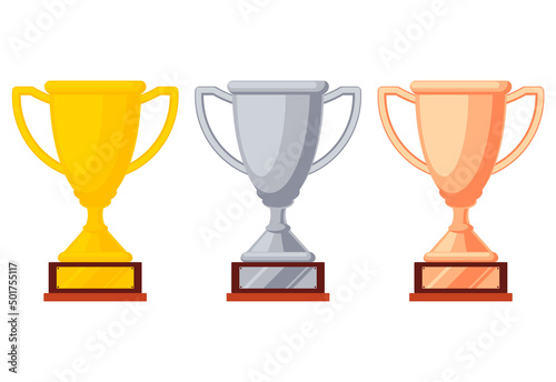 Gold, silver and bronze trophy cups on a wooden stand. Game winner prize, racing sport trophies. Goblet prize icons. Vector illustration