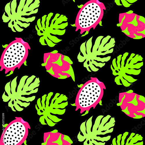 seamless tropical leaf and dragon fruit pattern on white background 