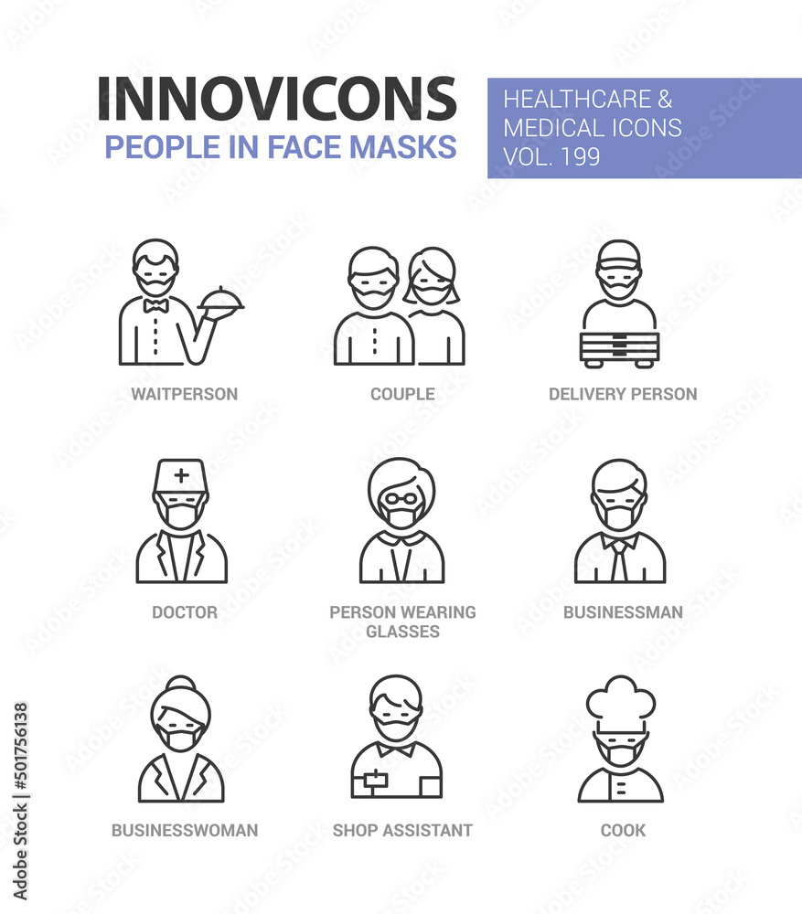 People in face masks - line design style icons set People in face masks - line design style icons set
