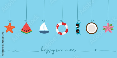 happy summer holiday banner design with hanging utensils