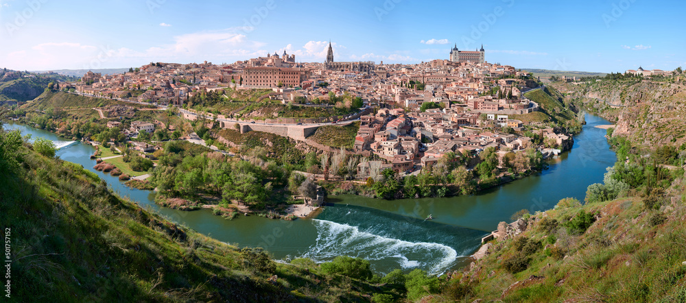 Panoramic view of the city of Toledo surrounded by the Tajo River, Spain