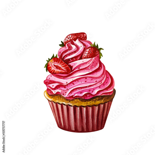 Cupcake with cream and strawberries. Watercolor illustration. Isolate on white background.