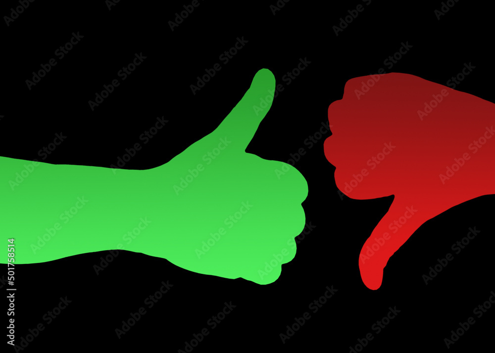Two silhouette hands making opposite gestures: a thumb up (green, ok, positive) and down (red, no, negative). Graded colors, isolated on a black background.
Two silhouette hands making opposite gestures: a thumb up (green, ok, positive) and down (red, no, negative). Graded colors, isolated on a black background.