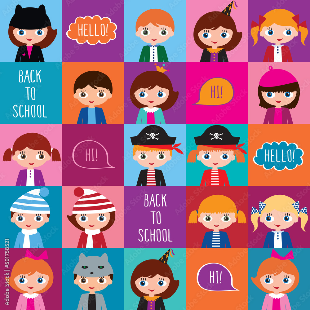 Back to school. Seamless pattern with schoolchildren for kids textile, wallpapers, gift wrap, scrapbook, school party. Vector
