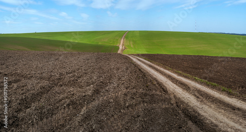 Road through plowed field, hilly green landscape