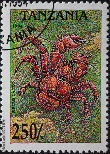 TANZANIA - CIRCA 1994: a postage stamp from TANZANIA, showing a crab of Coconut Crab (Birgus latro). Circa 1994 photo